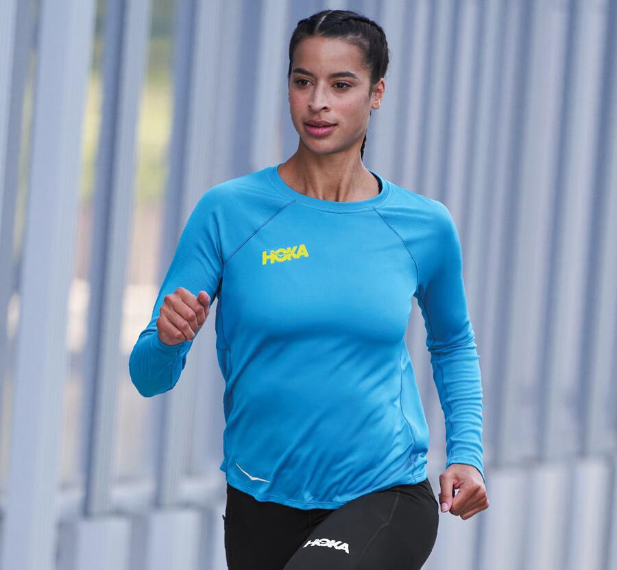 Hoka One One Womens Tops - Performance Long Sleeve - Blue - WDRK01568